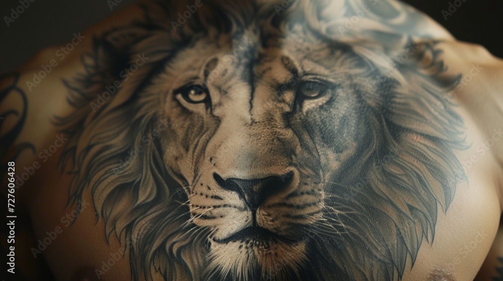 A lifelike lion's head tattoo covering the chest and shoulder, with incredible realism and attention to fur texture and facial features.