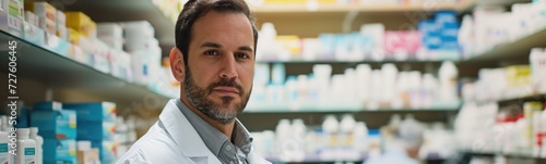 Man in a lab coat standing in front of a shelf of bottles. pharmacist background  photo