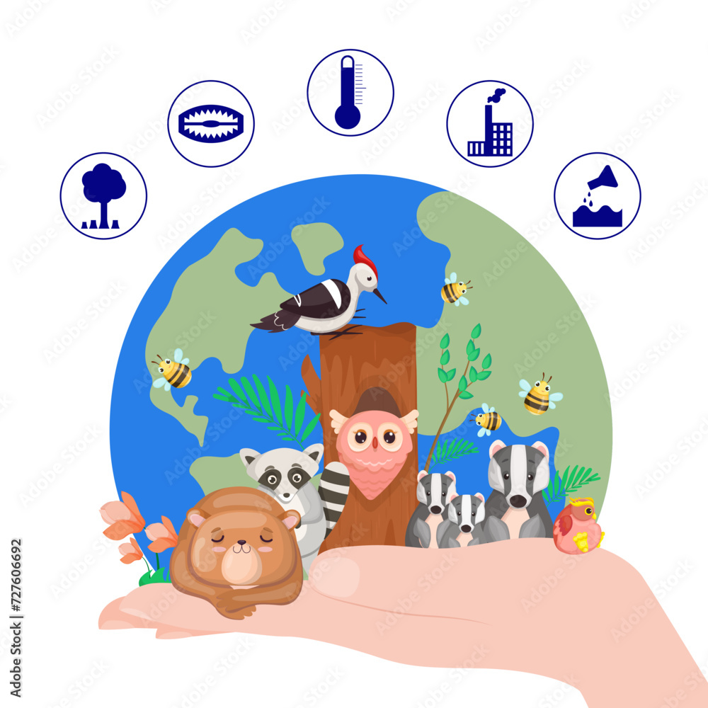 Obraz premium Hand holding planet with birds and animals vector illustration. Deforestation, plant emissions, temperature changes icons. Destruction of animal and bird species, environment, ecology, biodiversity