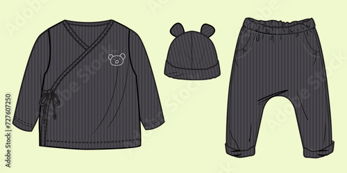 Baby Sleeping Sweatshirt, Jogger, and Hat Set Fashion Template - Black and White Outline, Front and Back View Mock-Up
