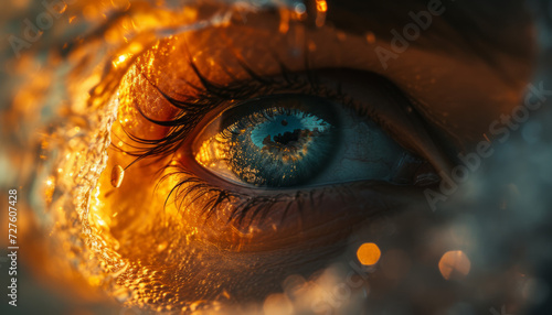 Macro Shot of a Human Eye in Water Reflecting the Sunset