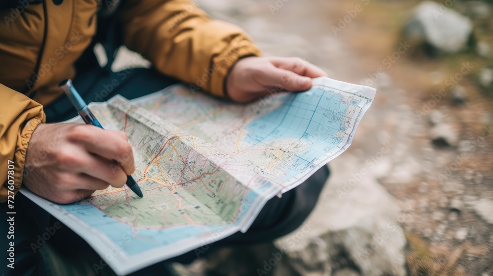 Obraz premium Man planning a hiking route with a map and pen outdoors