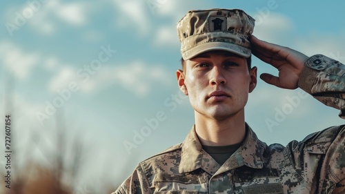 Young male soldier saluting, camouflage uniform, clear sky