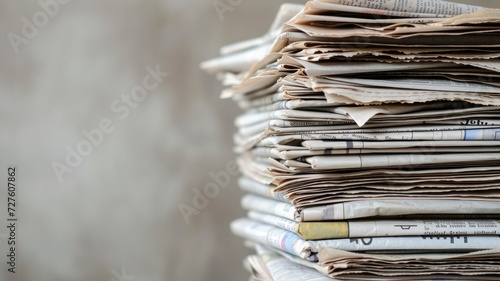 Stacked newspapers with visible headlines and text