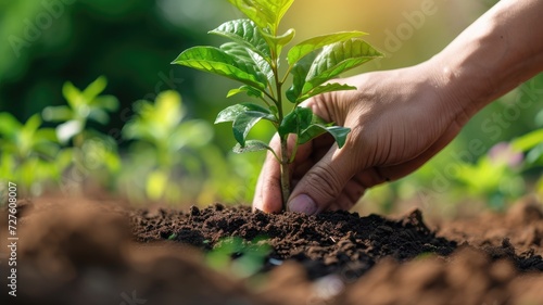 Human hand nurturing a young plant in rich brown earth, concept of growth