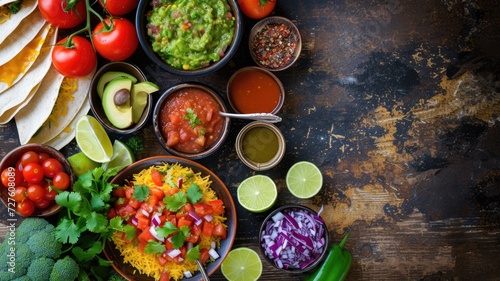 Assortment of Mexican food ingredients spread on rustic table