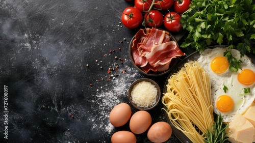 Fresh ingredients for a classic Italian breakfast on a dark surface