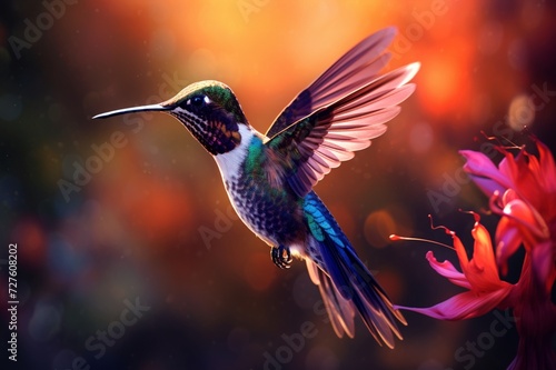 : A close-up of a hummingbird hovering near a vibrant flower, with its iridescent feathers catching the sunlight.