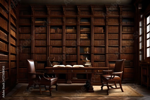 A traditional Mediterranean study with a dark wood desk, leather chairs, and shelves filled with antique books.