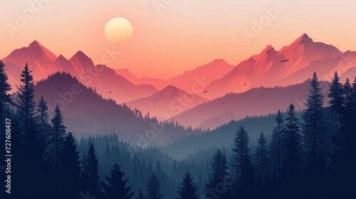 Illustration of sunset over peaceful mountains with pine tree silhouettes in modern monochrome style © boxstock production