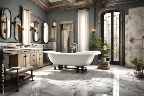 A serene Italian-inspired bathroom with marble countertops  wrought-iron details  and a freestanding clawfoot tub.