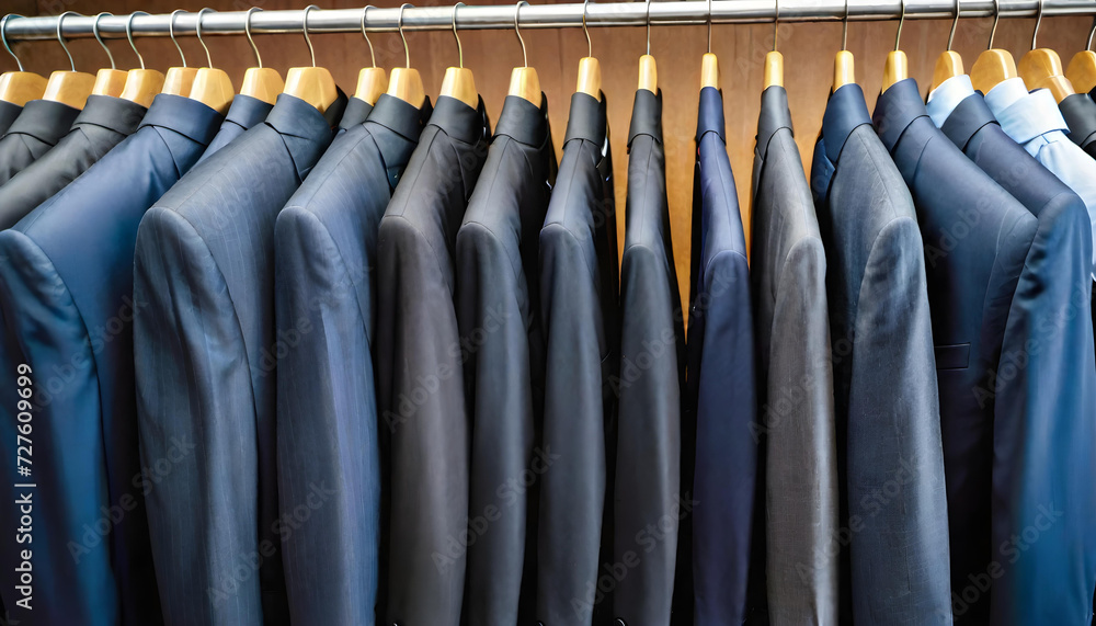 Obraz premium Suits. Clothing Rack. Menswear. Fashion. Tailoring. Wardrobe. Business Attire. Hanging. Formalwear. Mens Fashion. Store Display. Boutique. Elegant. Professional. Style. Garments. AI Generated.