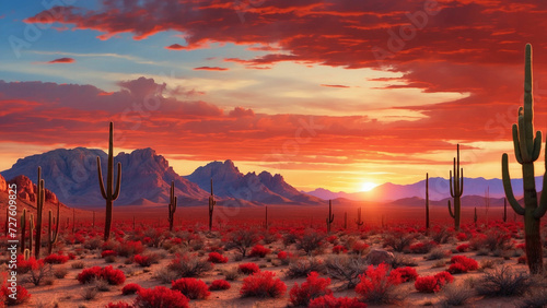 Magical scene of a desert sunset where the sky is painted in shades of crimson and burnt orange and casting a surreal glow on the rugged cactus landscape