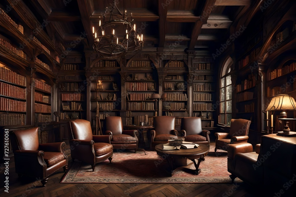 A medieval castle-inspired library with dark oak bookshelves, a roaring fireplace, and antique leather chairs.