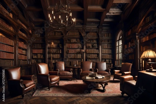 A medieval castle-inspired library with dark oak bookshelves, a roaring fireplace, and antique leather chairs.