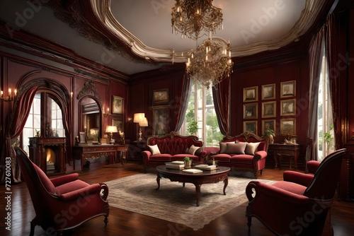 A lavish Victorian-inspired living room adorned with rich mahogany furniture  ornate moldings  and plush velvet upholstery.