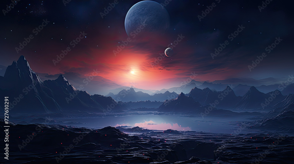 sunset and view of moons of planet over the sea of another planet in galaxy 
