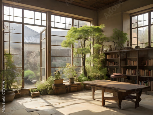 Generative KI helles schönes Wohnzimmer Wasi Basi Wohnzimmer mit großen Fenstern und Garten im Hintergrund