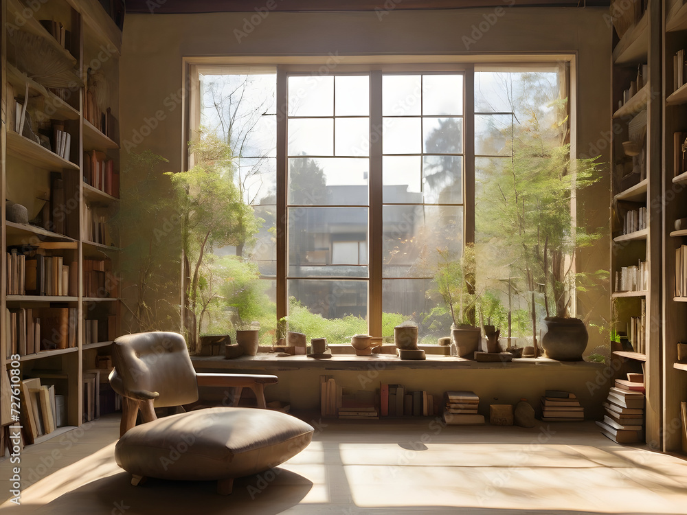 Generative KI helles schönes Wohnzimmer Wasi Basi Wohnzimmer mit großen Fenstern und Garten im Hintergrund