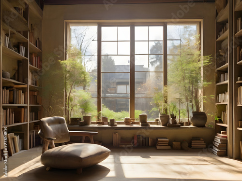 Generative KI helles sch  nes Wohnzimmer Wasi Basi Wohnzimmer mit gro  en Fenstern und Garten im Hintergrund