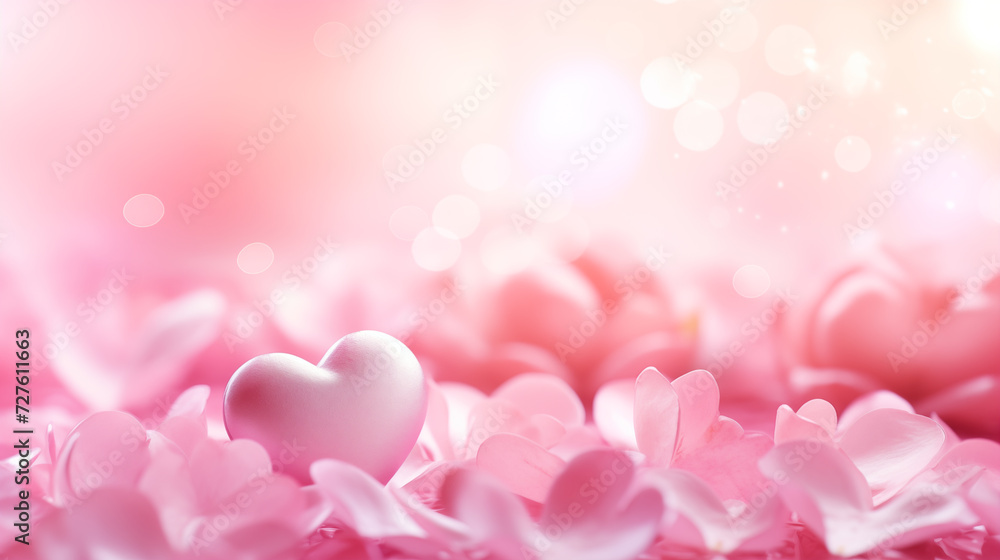 Valentine's Day and spring. Pink heart on flower petals with blurred bokeh background. Valentine's Day digital greeting card. Banner, web poster for Anniversary, Birthday, Wedding, Romantic, Couple.