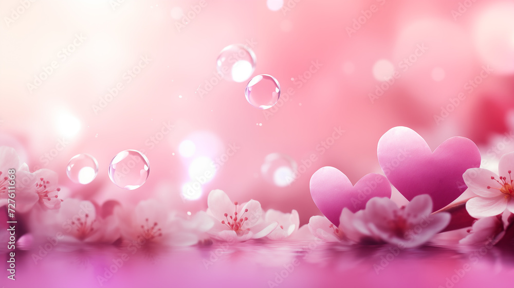 Valentine's Day and spring. Pink heart and cherry blossom flowers on floor with pink blurred bokeh background. Digital greeting card, Banner, Web poster for Anniversary, Birthday, Wedding, Romantic.