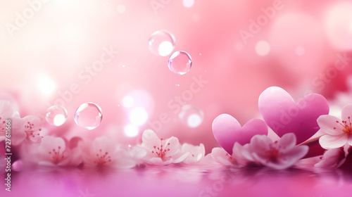 Valentine's Day and spring. Pink heart and cherry blossom flowers on floor with pink blurred bokeh background. Digital greeting card, Banner, Web poster for Anniversary, Birthday, Wedding, Romantic. © Bnz