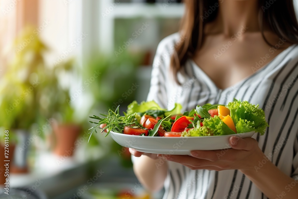 A woman is happily eating a healthy salad in a bright kitchen, surrounded by fresh vegetables, creating a nutritious and delicious meal