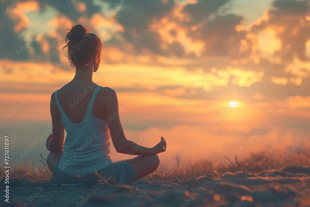 Woman peacefully meditates in a yoga pose amidst the beauty of a green park, embracing the serenity of nature and promoting a healthy lifestyle Woman peacefully meditates in a yoga pose amidst the beauty of a green park, embracing the serenity of nature and promoting a healthy lifestyle