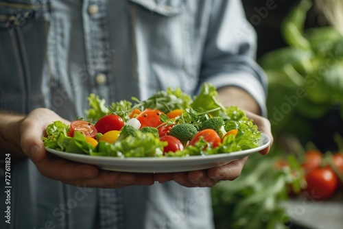 A man is happily eating a healthy salad in a bright kitchen, surrounded by fresh vegetables, creating a nutritious and delicious meal