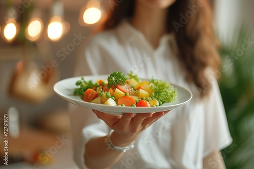 A woman is happily eating a healthy salad in a bright kitchen  surrounded by fresh vegetables  creating a nutritious and delicious meal