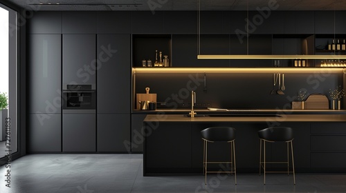 A modern black and gold kitchen with black matte appliances, golden hardware, and a large black and gold pendant light hanging over the island.