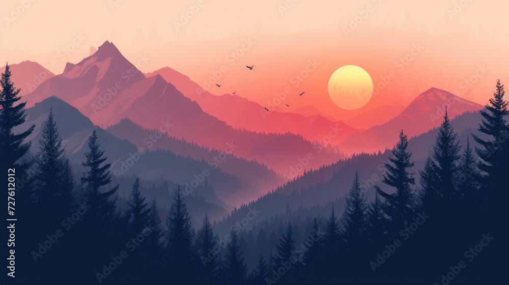 Illustration of sunset over peaceful mountains with pine tree silhouettes in modern monochrome style