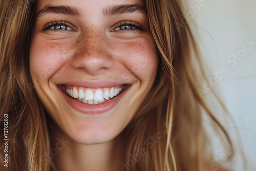 Smiling Brunette Teenager A beautiful portrait capturing the natural charm and joy of a young woman with a radiant smile, showcasing her striking features, including her expressive eyes, gorgeous hai