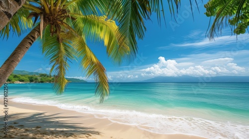 A summer shot of nature with beautiful coconut tree and sea view and empty space, Generative AI.