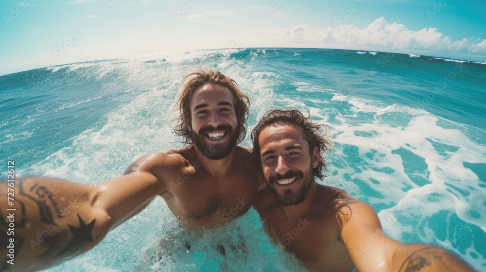 Happy buddies are posing for a selfie in the sea with the backdrop of blue, misty ocean, Generative AI. Happy buddies are posing for a selfie in the sea with the backdrop of blue, misty ocean, Generative AI.