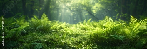 A summer vibe in woods lots of fern and other leaves are growing with sunshine and space, Generative AI.