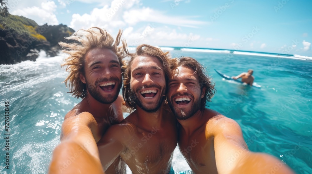 Happy buddies are posing for a selfie in the sea with the backdrop of blue, misty ocean, Generative AI. Happy buddies are posing for a selfie in the sea with the backdrop of blue, misty ocean, Generative AI.