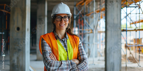 Portrait of smiling female building engineer construction worker technician architect on site wearing safety helmet hard hat, high vis vest. Manufacturing technology job concept. Copy paste photo