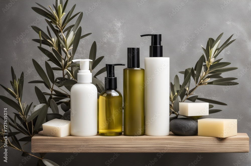 Elevate your spa vibes with a serene display of cosmetic products, shampoo, lotion, soap boxes, and olive tree branches on a stylish stone podium. Elevate your spa vibes with a serene display of cosmetic products, shampoo, lotion, soap boxes, and olive tree branches on a stylish stone podium.