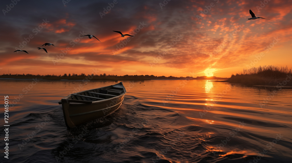 Sunset Serenity. Fishermen in Graphic Harmony with Nature. Generative AI.