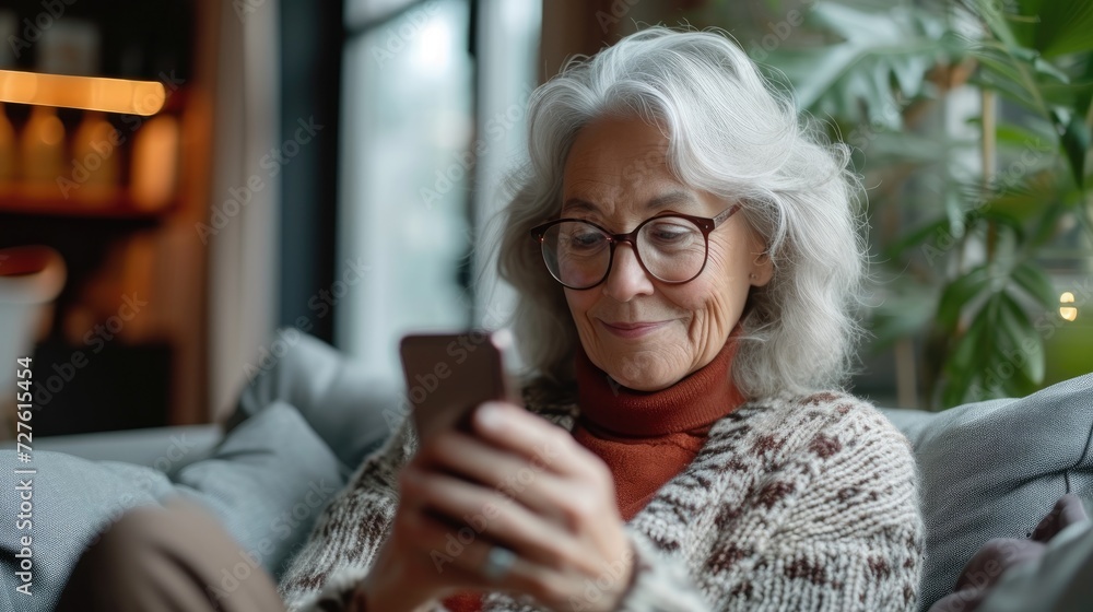 Mature Woman using smartphone sitting on couch with a fee space for text, Generative AI. Mature Woman using smartphone sitting on couch with a fee space for text, Generative AI.