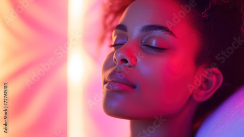 A beautiful young  woman sitting in an infrared therapy sauna surrounded by soft  warm light