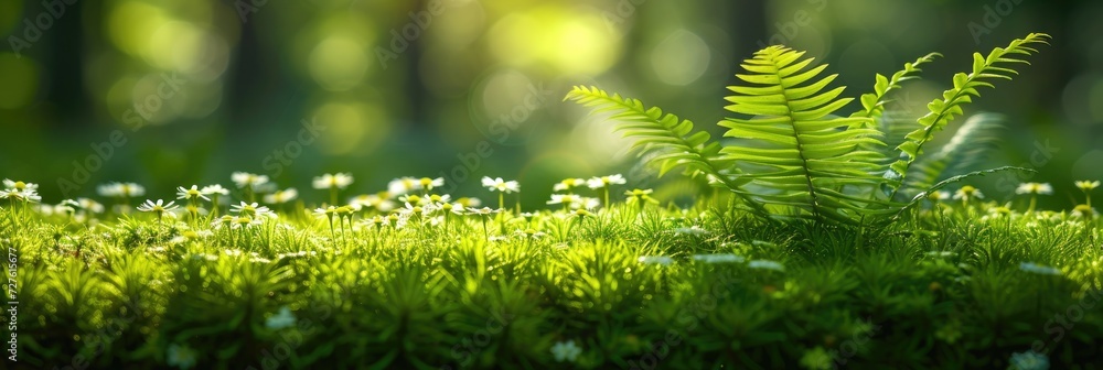 A summer vibe in woods lots of fern and other leaves are growing with sunshine and space, Generative AI. A summer vibe in woods lots of fern and other leaves are growing with sunshine and space, Generative AI.