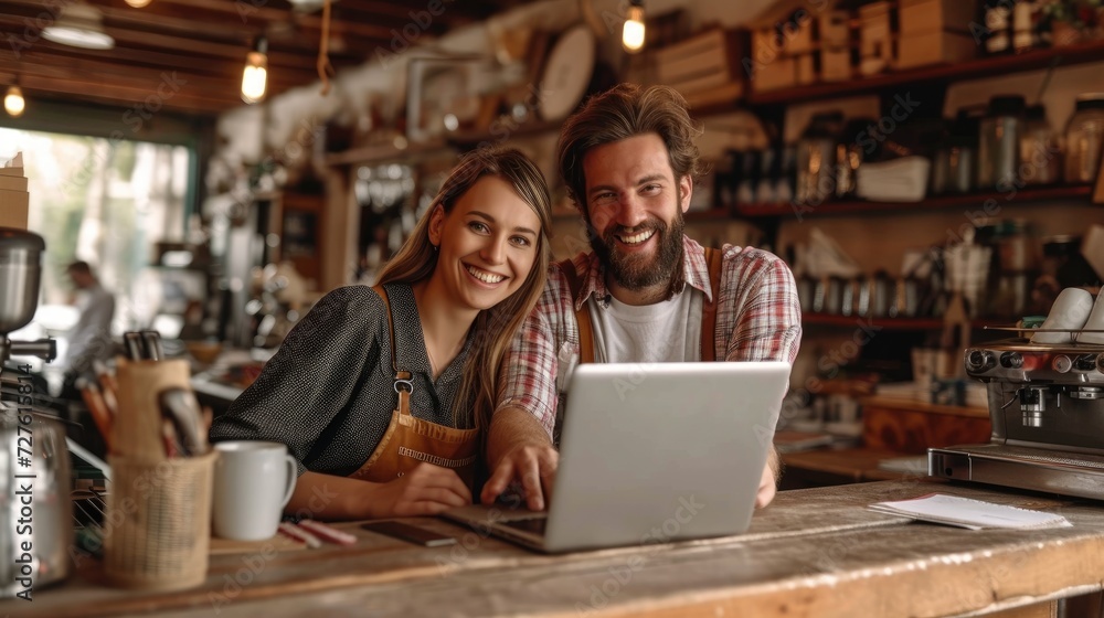 Portrait of two young shop owners using laptop while standing in counter with a empty space, Generative AI. Portrait of two young shop owners using laptop while standing in counter with a empty space, Generative AI.