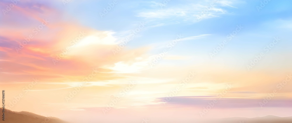 オレンジとブルー空のグラデーションに光がさす雲の美しい背景