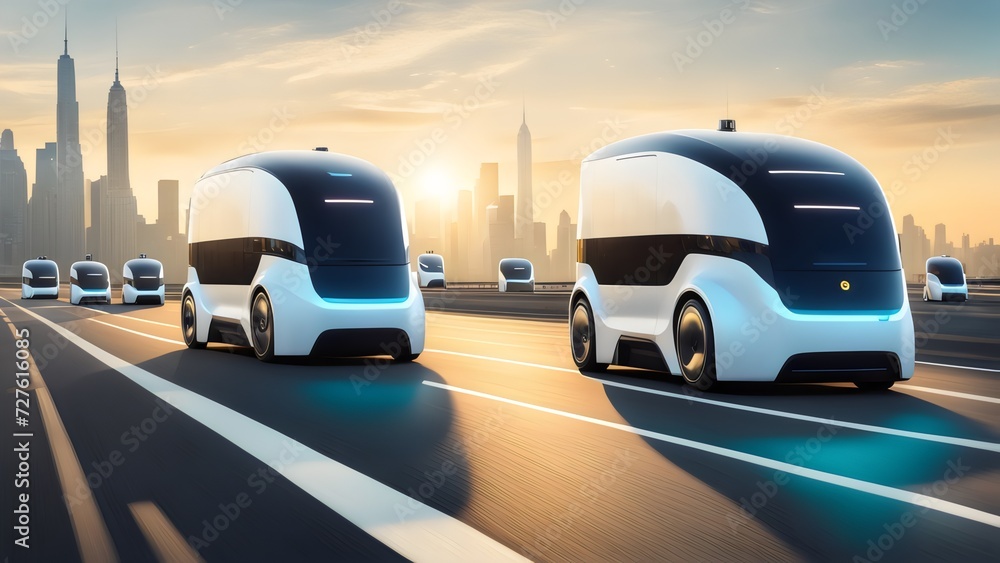 Futuristic robotaxi fleet on highway, fully self-driving system activated for efficient transport.