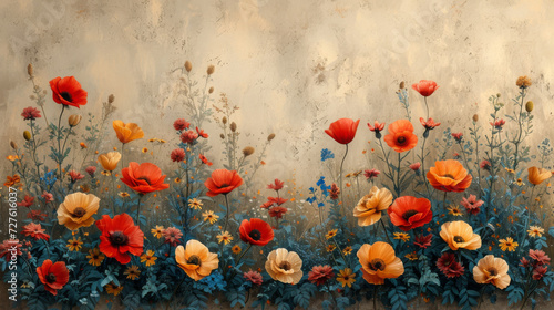 Wildflower Meadow Bliss Against Textured Earthy Wall Backdrop © oxart_studio