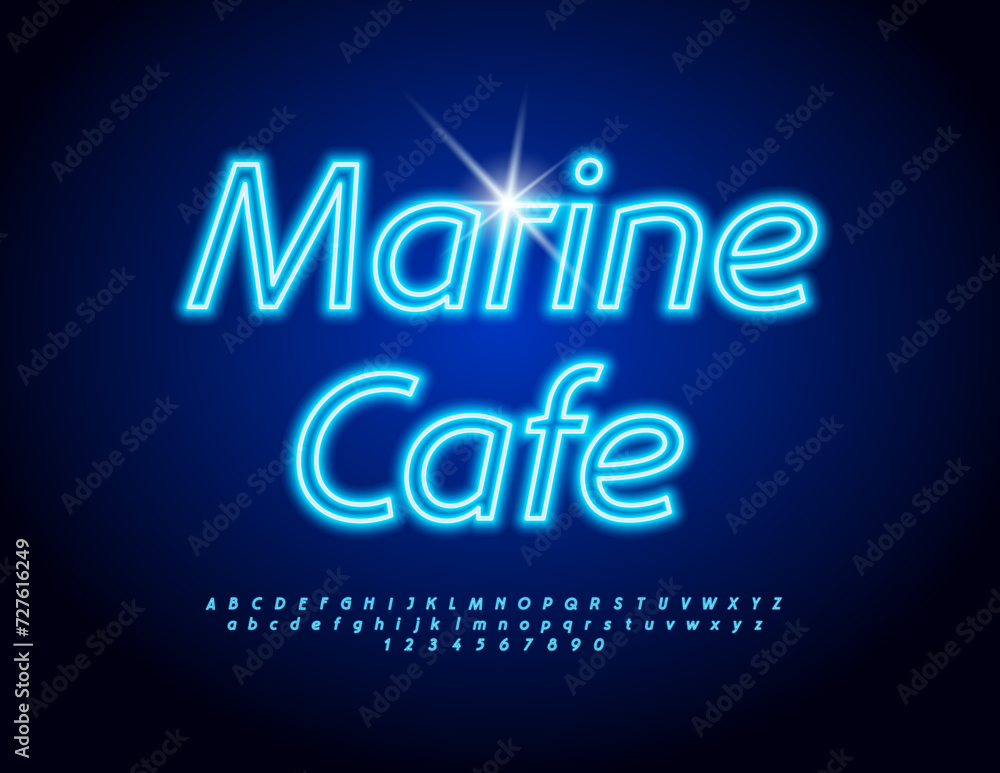 Vector glowing Banner Marine Cafe. Bright Neon Font. Trendy Blue Alphabet Letters and Numbers.