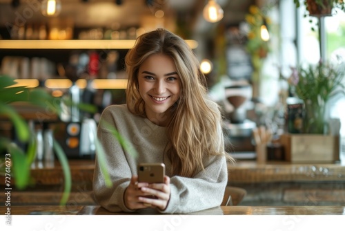 Portrait of a cheerful woman using phone in coffee shop with empty space, Generative AI.
